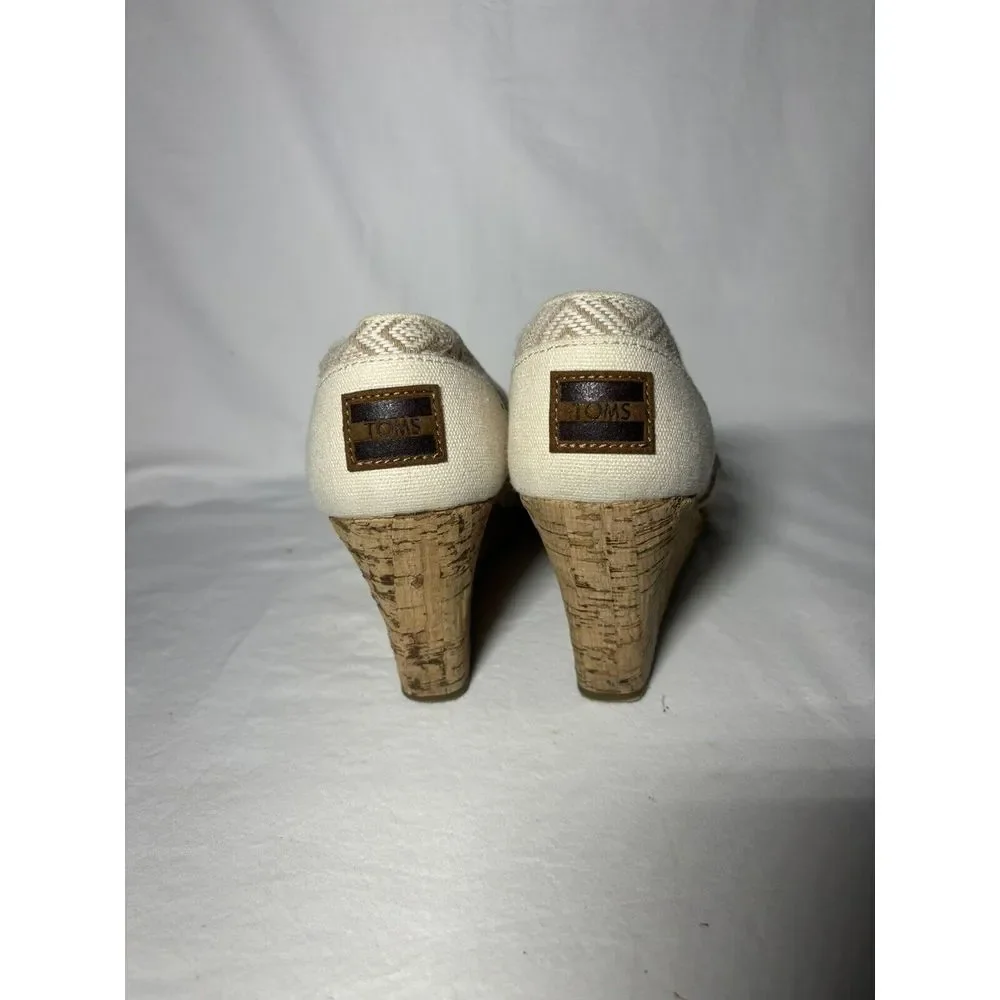 TOMS Tan Canvas Wedge Heel Shoes Open Peep Toe‎ Cork Heel Size 8 EUC S6